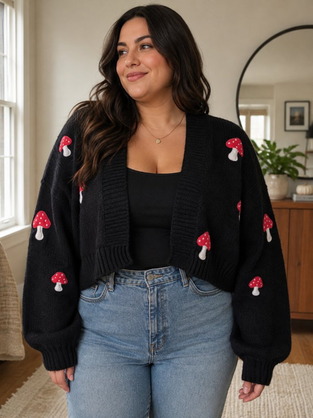Forever 21+ Cropped Mushroom Cardigan in Black - Size 0X